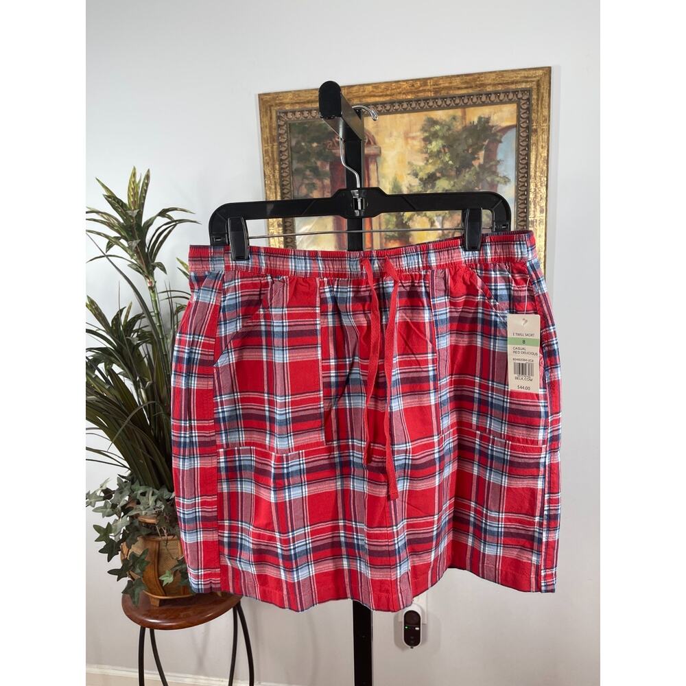Kim Rogers E Twill Skort Womens 8 Red Plaid Drawstring‎ Classic Picnic Americana